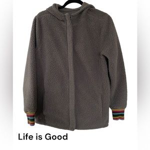 LIFE IS GOOD gray Sherpa zip up hooded jacket Medium